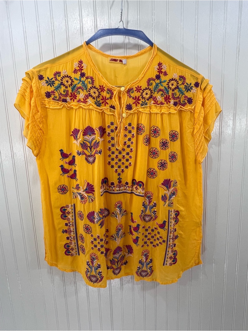 Johnny Was Embroidered Cupra Rayon Blouse Yellow Boho Folk XL